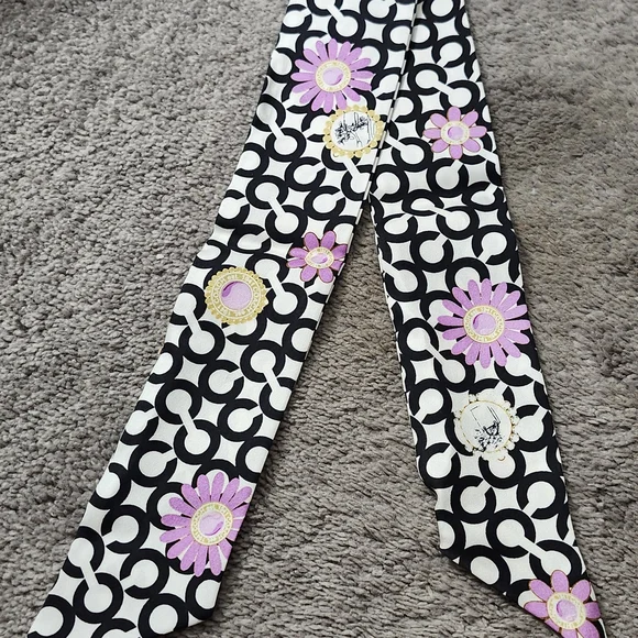 Coach Signature C Black With Purple Flowers Silk Hair Tie Scarf - Picture 2 of 3